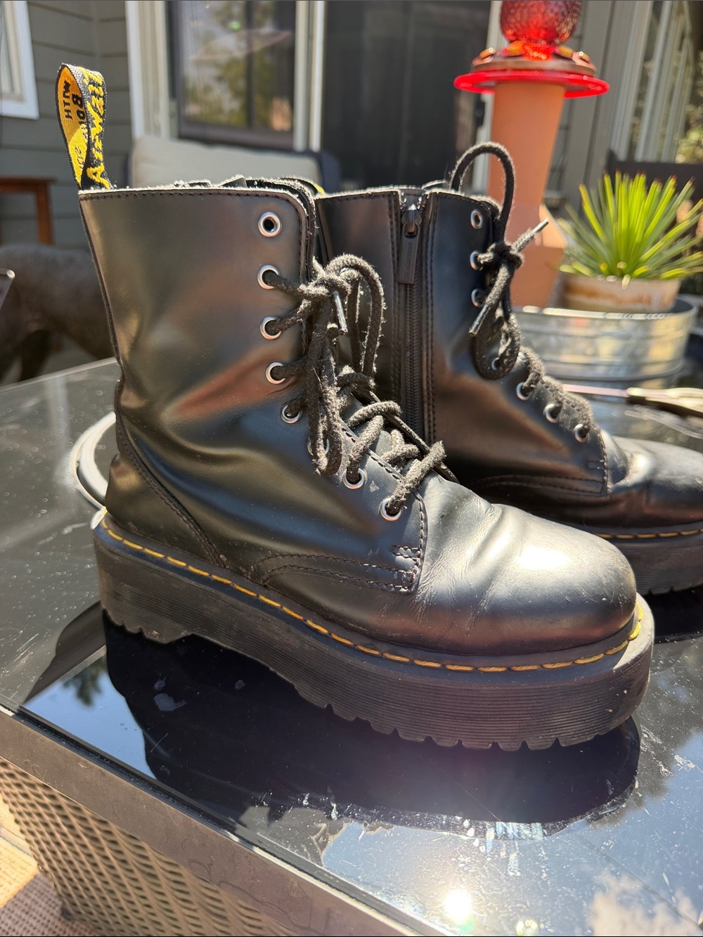 Dr. Martens Black Platform Lace-Up Boots with Yellow Heel Loop